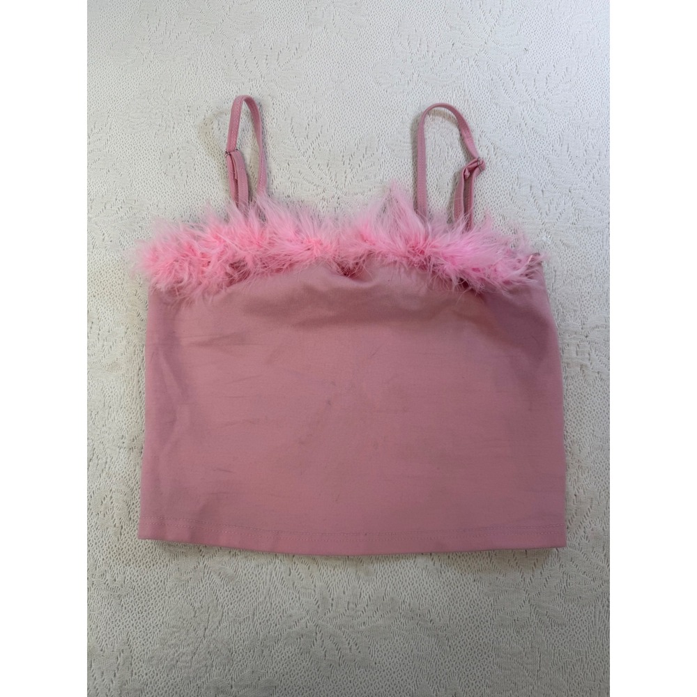 Sugar Thrillz Pink Faux Fur Trim Cami Top Adjustable Straps Medium AST181166